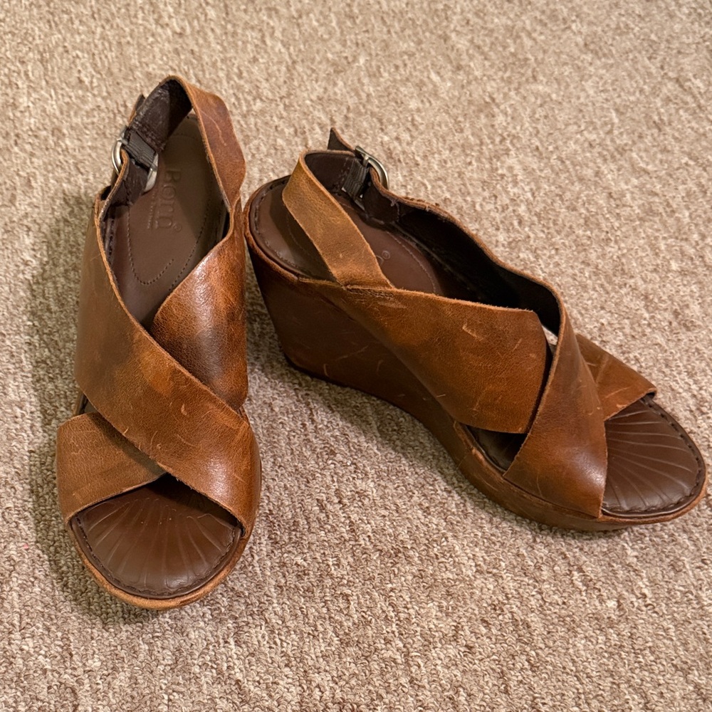Born Brown Leather Crisscross Wedge Sandals